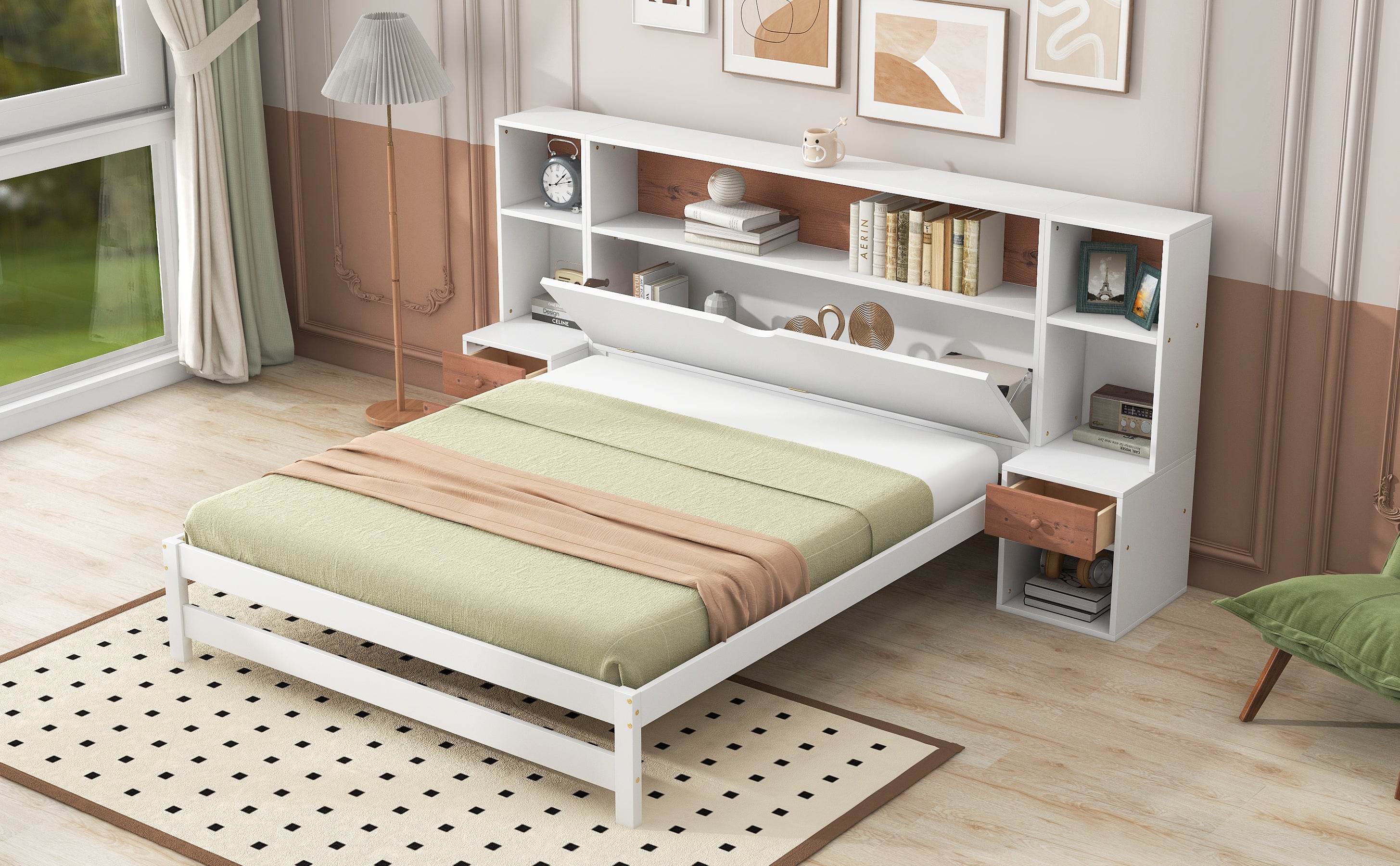 Full Size Platform Bed with Storage Headboard and Drawers, White - Atlantic Fine Furniture Melbourne FL
