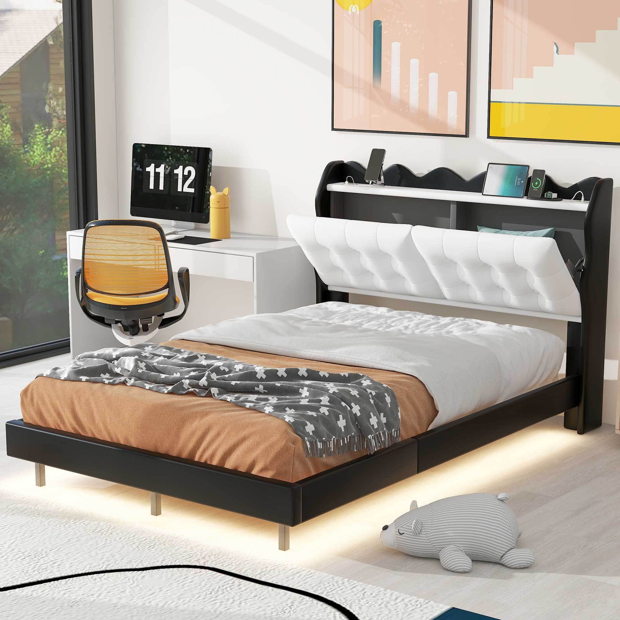 Full Size Upholstery Platform Bed Frame with LED Light Strips and Built-in Storage Space,Black - Atlantic Fine Furniture Melbourne FL