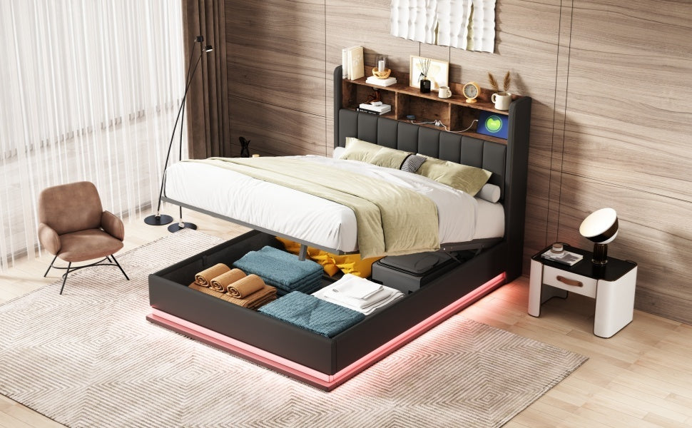 Full Size  Upholstered Platform Bed with Storage Headboard and Hydraulic Storage System, PU Storage Bed with LED Lights and USB charger, Black - Atlantic Fine Furniture Melbourne FL
