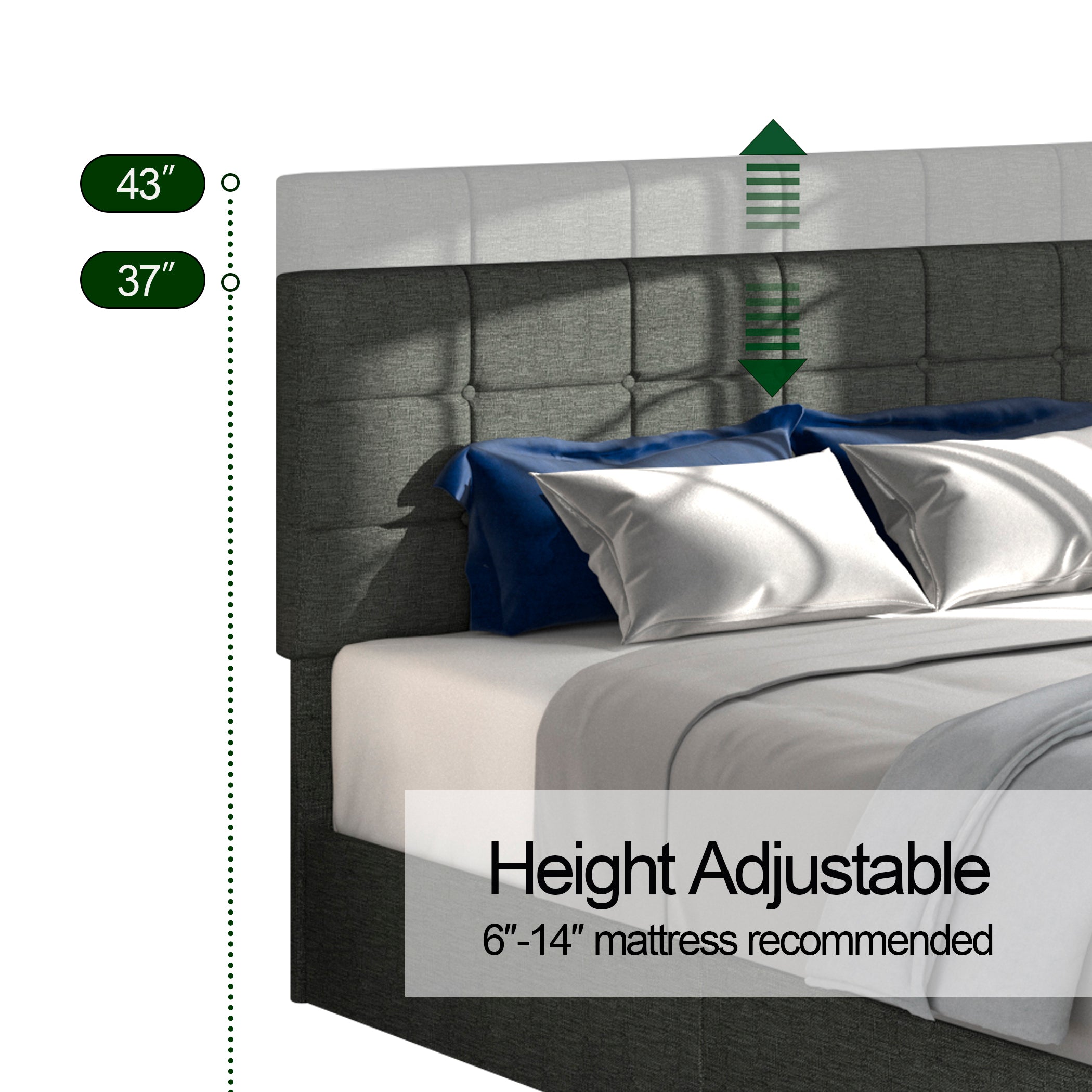 Vera Full Size Gray Linen Upholstered Platform Bed with Patented 4 Drawers Storage, Square Stitched Button Tufted Headboard, Wooden Slat Mattress Support No Box Spring Required - Atlantic Fine Furniture Melbourne FL
