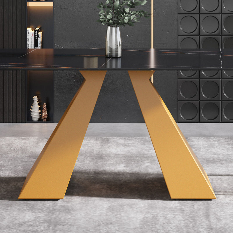 63" Modern Artificial Stone Black Straight Edge Golden Metal Leg Dining Table, 6 People - Black / Gold