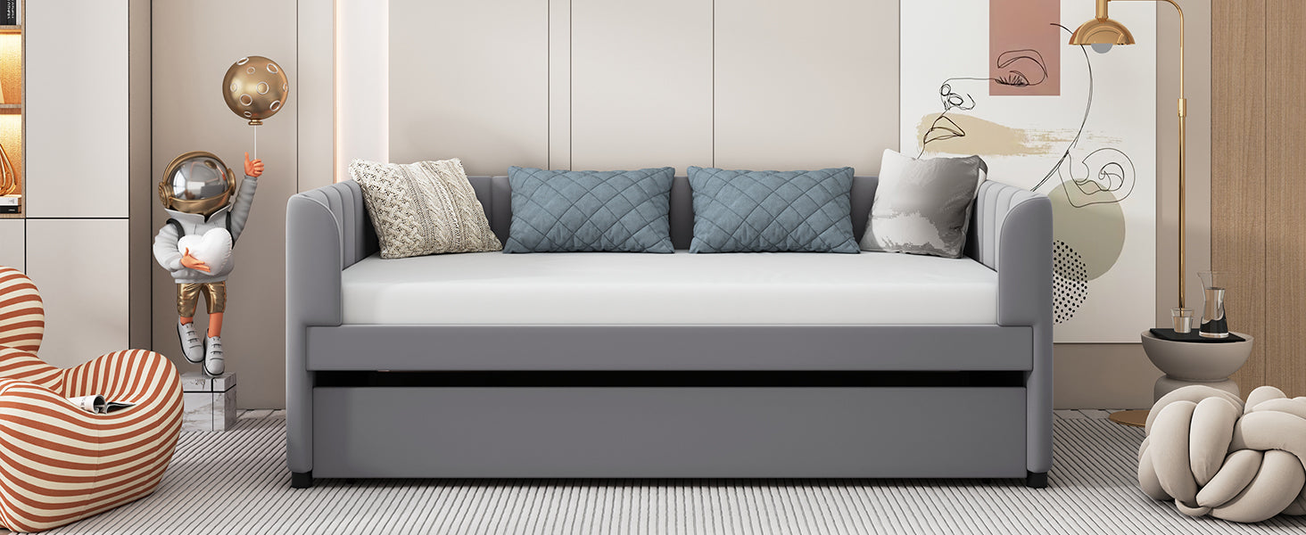 Twin Size Upholstered Daybed with Ergonomic Design Backrest and Trundle, Gray - Atlantic Fine Furniture Melbourne FL