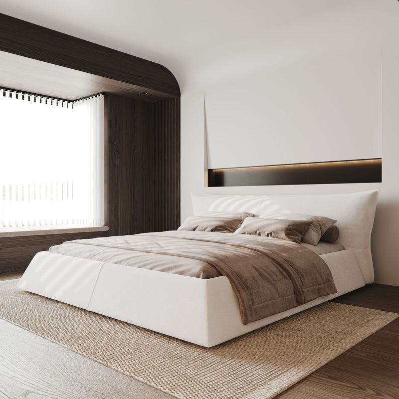 Upholstered Platform Bed With Special Shaped Velvet Headboard