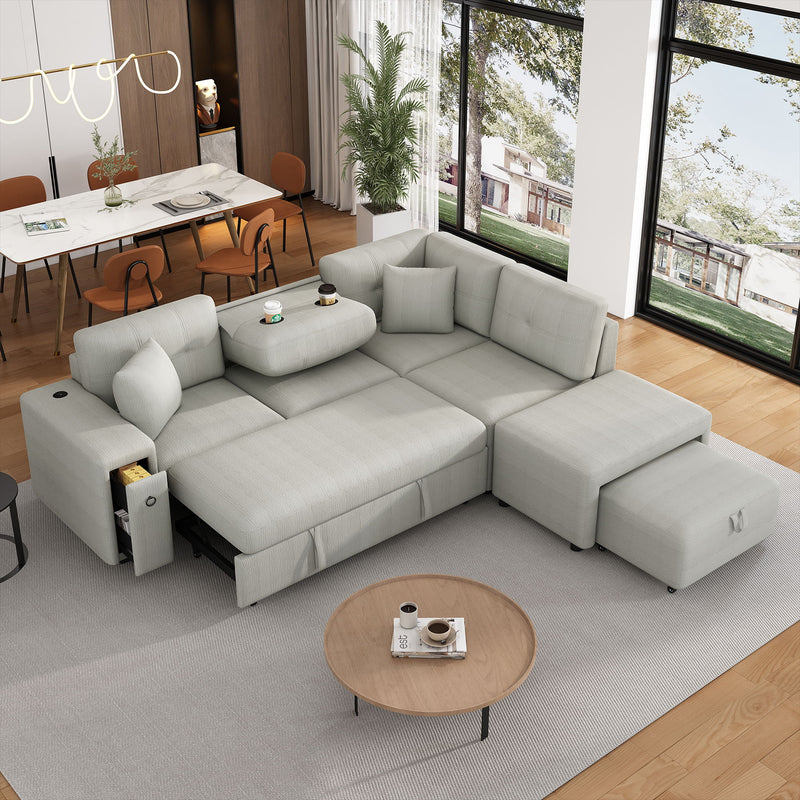 Sectional Sofa L-Shaped Sofa Couch Pull-Out Sofa Bed With A Movable Ottoman, Two USB Ports And Two Cup Holders For Living Room