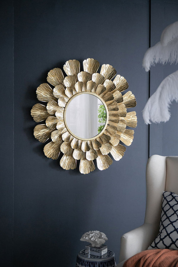 Round Metal Mirror With Trumpet Vine Motif - Gold