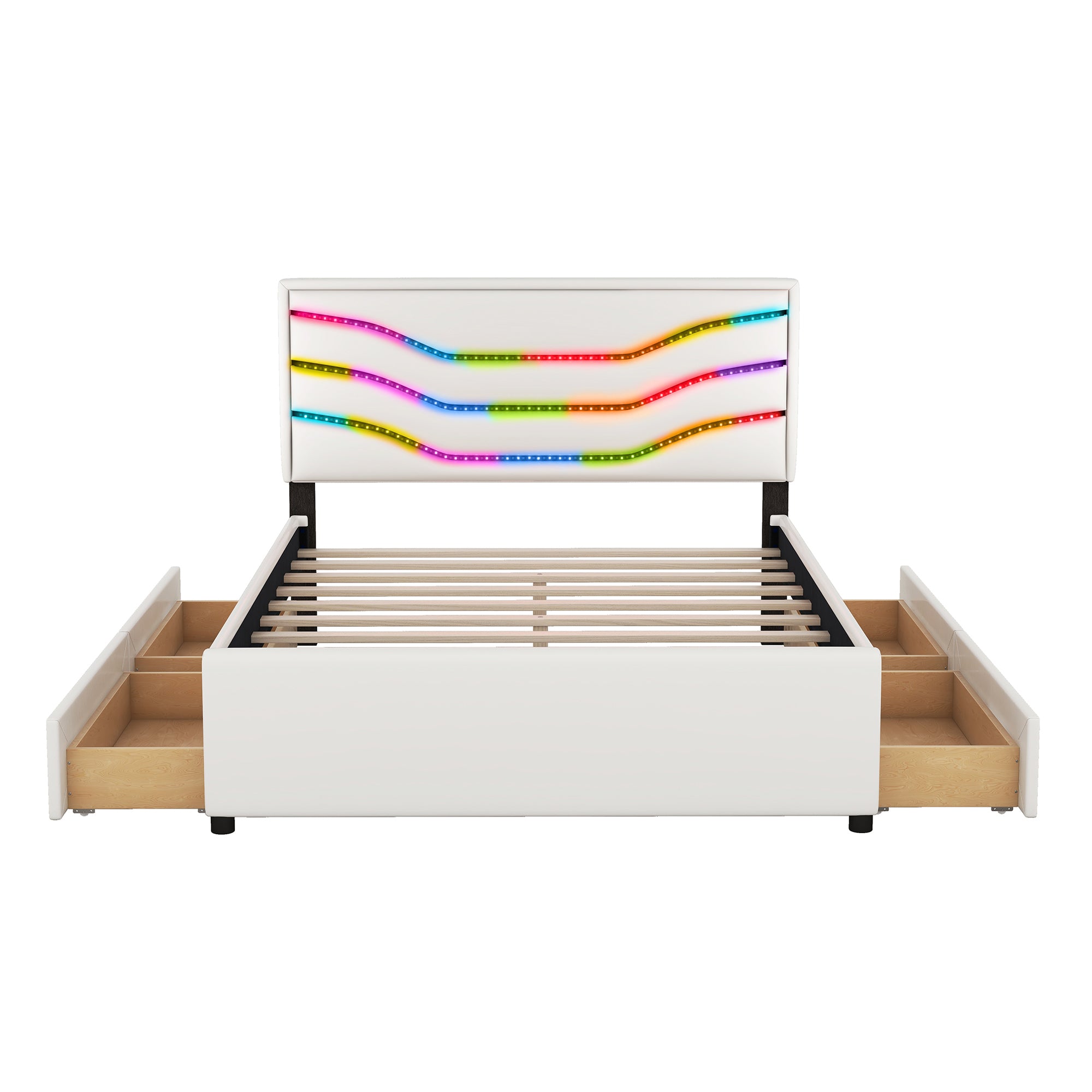 Queen Size Upholstered Storage Platform Bed with LED, 4 Drawers and USB Charging, White - Atlantic Fine Furniture Melbourne FL