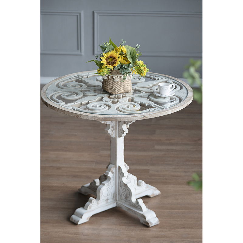 Round Wooden Carved Table, Distressed Finish Design - Antique White