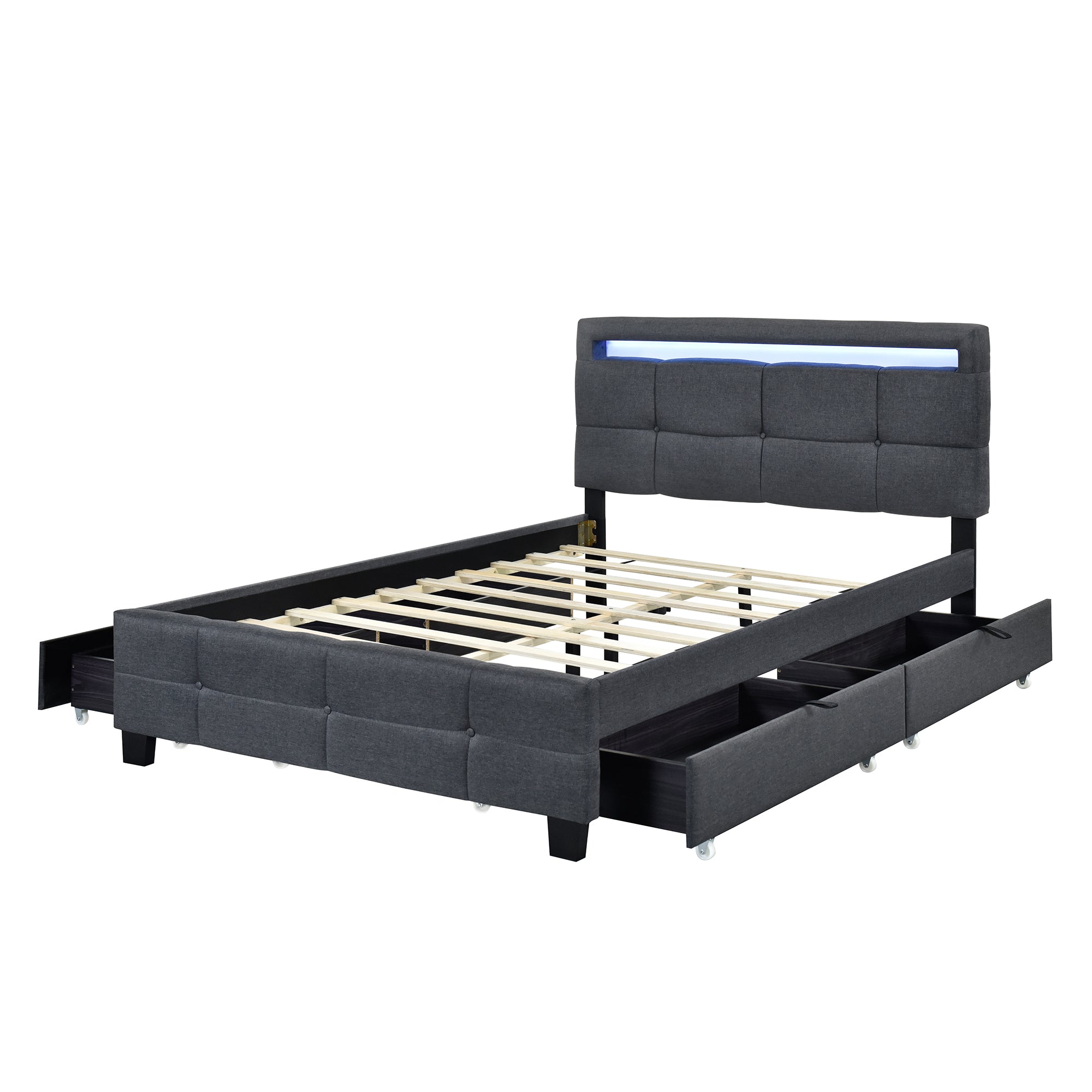 Full Size Upholstered Platform Bed with LED Frame and 4 Drawers, Linen Fabric, Gray - Atlantic Fine Furniture Melbourne FL