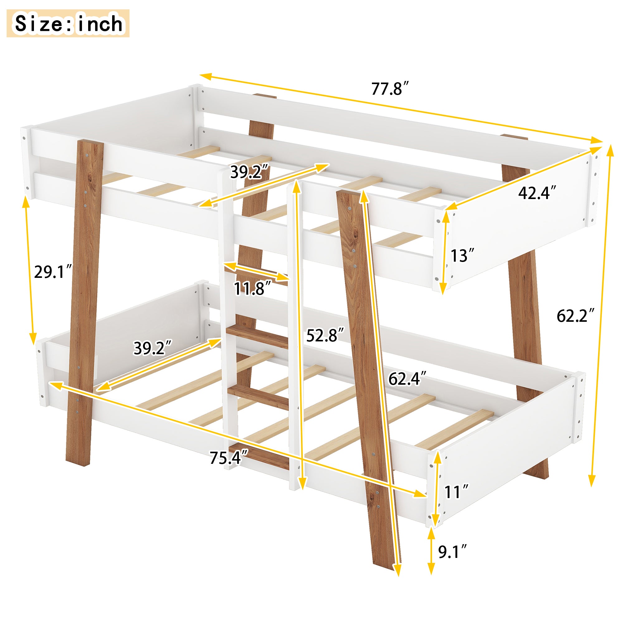 Wood Twin Size Bunk Bed with Built-in Ladder and 4 Wood Color Columns, White - Atlantic Fine Furniture Melbourne FL