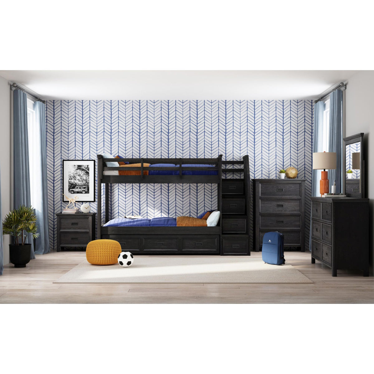 Hampton Kids Bunk With Staircase And Trundle Bedroom Set in Black by Elements International, view 29