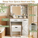 Farmhouse Makeup Vanity Desk With Mirror And Lights, 3 Lighting Modes, Vanity Set With Stool, Dressing Table With Adjustable Shelves, 2 Drawers And Side Cabinet For Bedroom - White