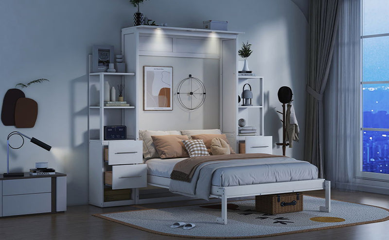 Murphy Wall Bed With LED Lights, Shelves And Drawers