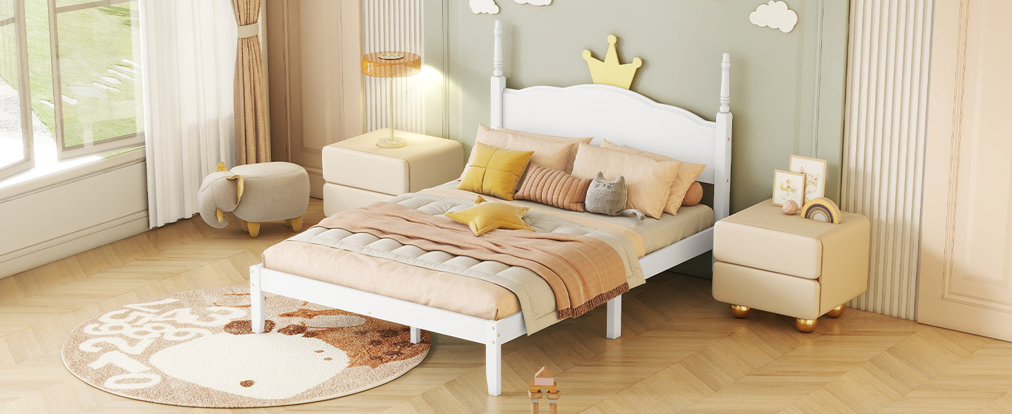 Full Size Wood Platform Bed with Crown Shaped Headboard, White - Atlantic Fine Furniture Melbourne FL