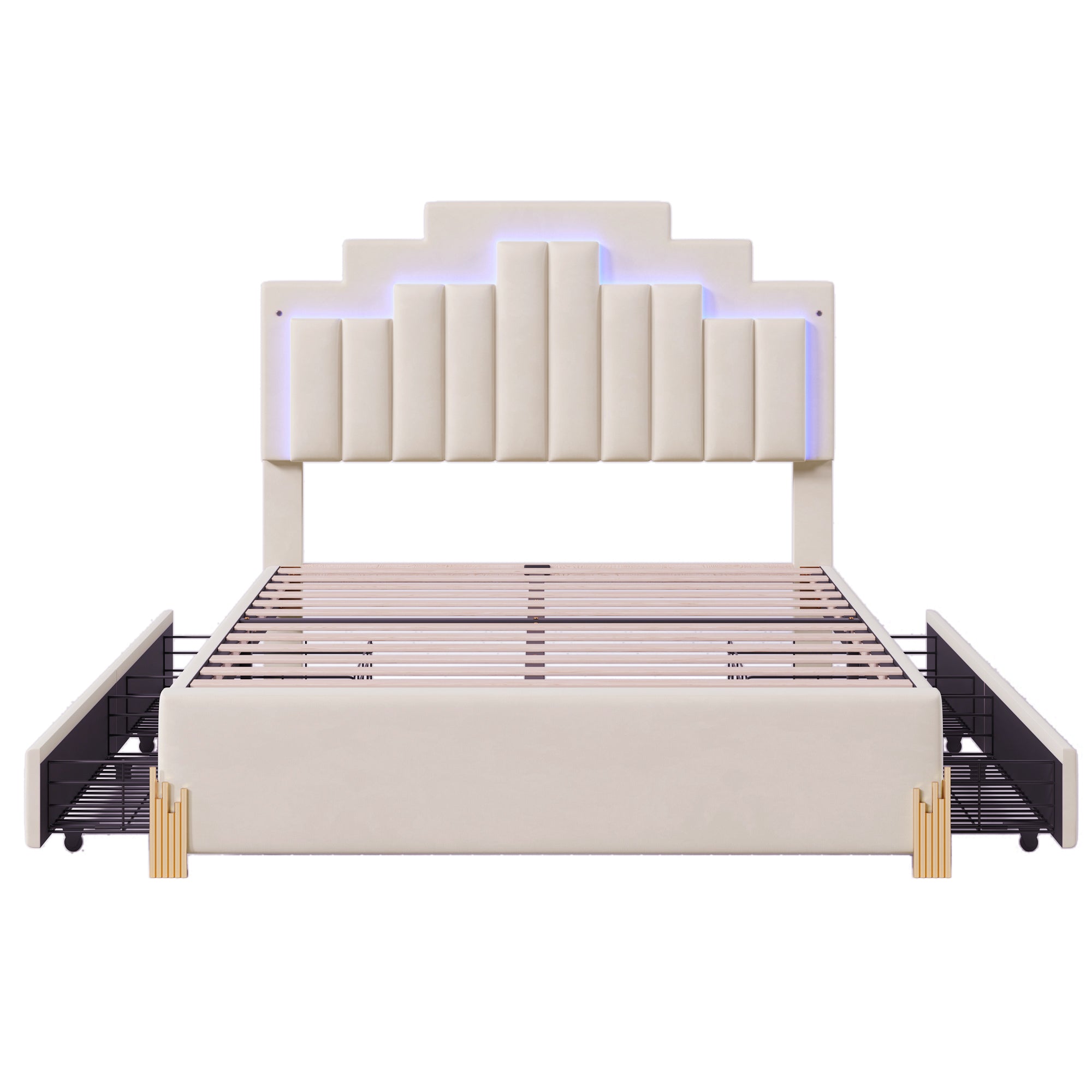Full Size Upholstered Platform Bed with LED Lights and 4 Drawers, Stylish Irregular Metal Bed Legs Design, Beige - Atlantic Fine Furniture Melbourne FL