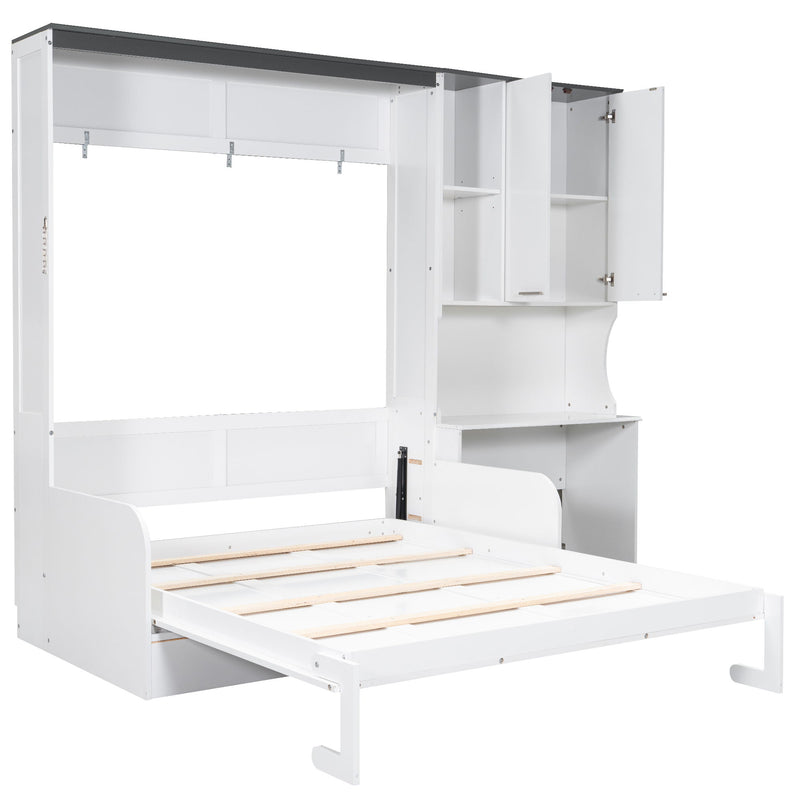 Multi Functional Murphy Bed With Sofa, Desk, And Storage Cabinet, Queen Size - White