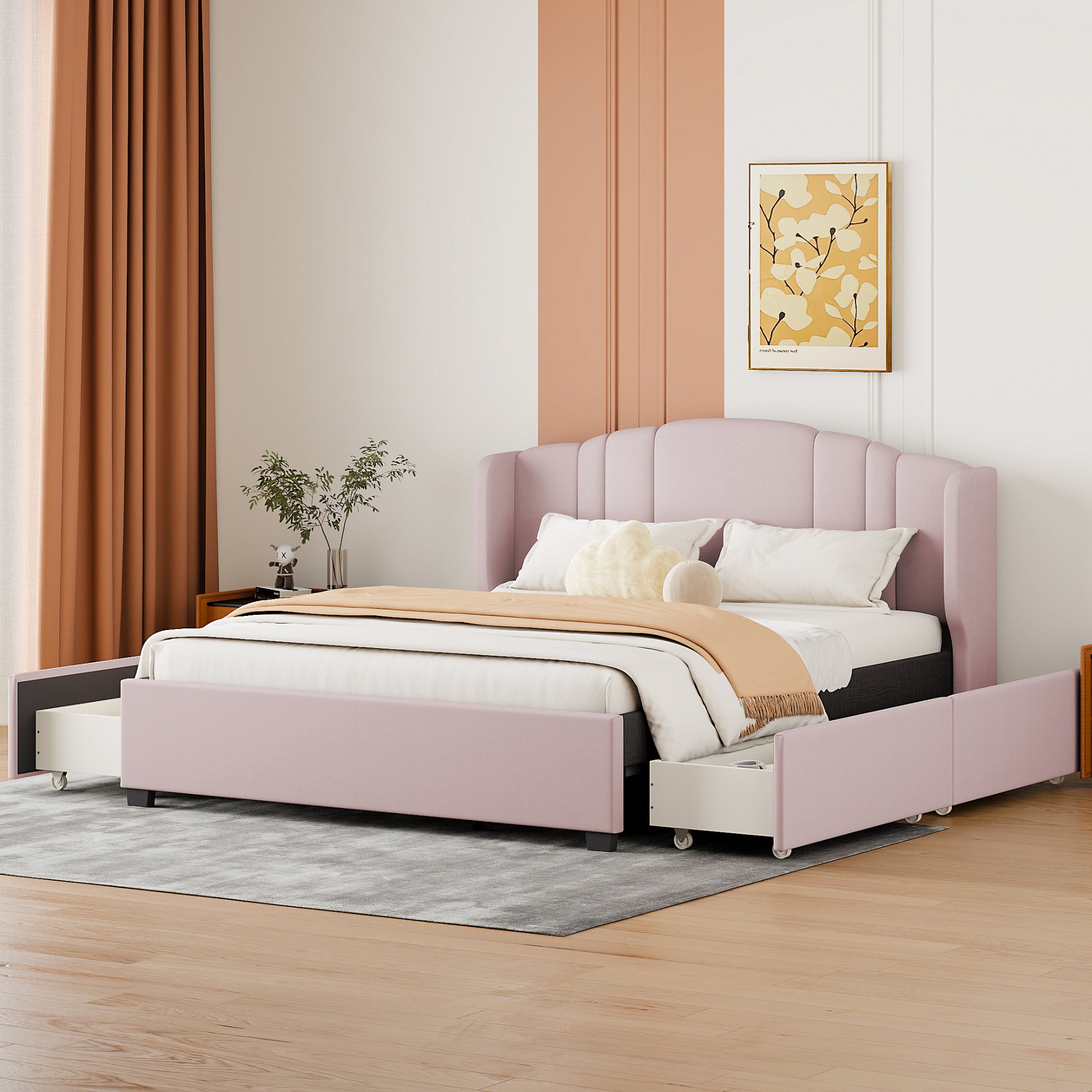 Upholstered Platform Bed with Wingback Headboard and 4 Drawers, No Box Spring Needed, Linen Fabric, Queen Size Pink - Atlantic Fine Furniture Melbourne FL