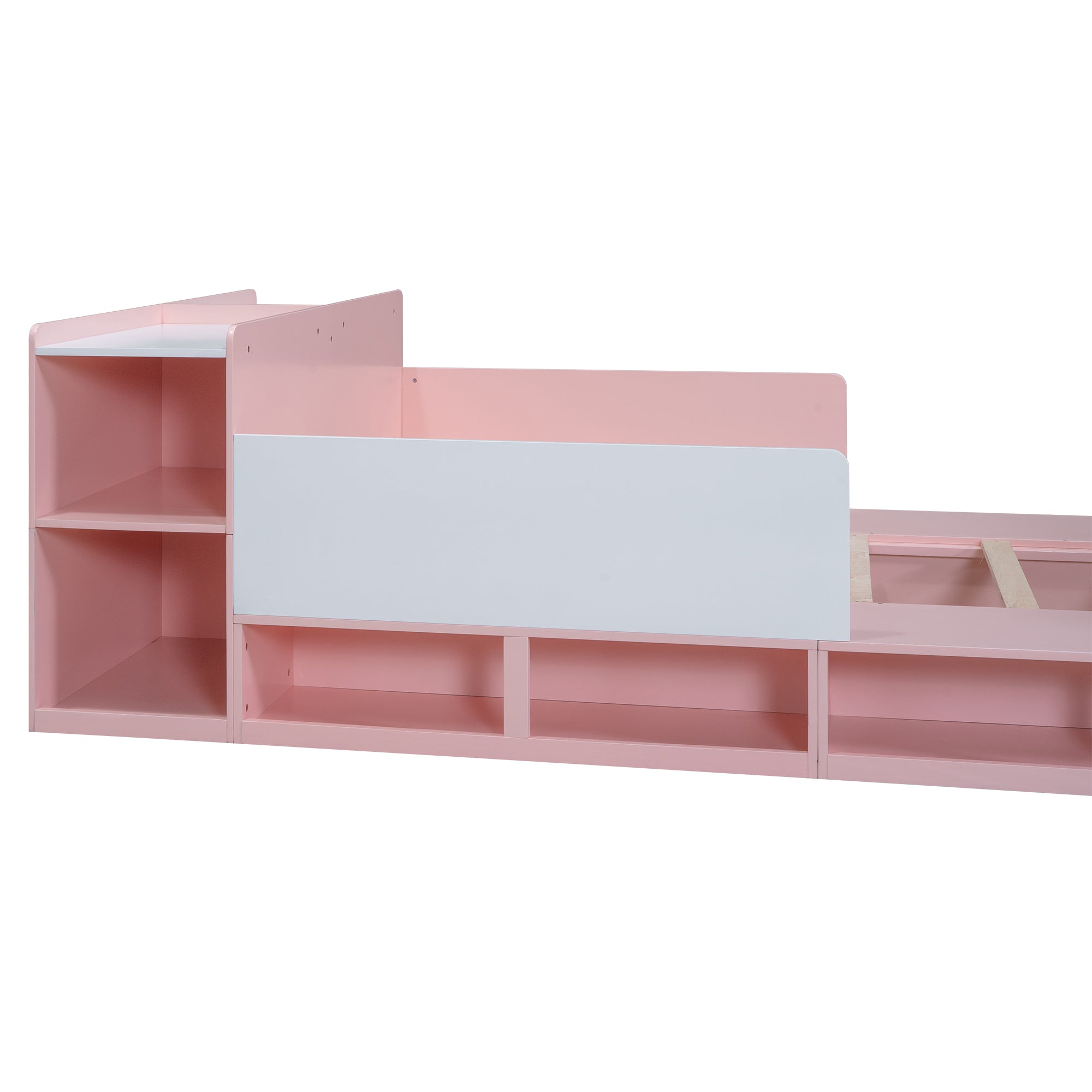 Wood Full Size Platform Bed with Storage Headboard, Guardrails and 4 Underneath Cabinets, Pink - Atlantic Fine Furniture Melbourne FL