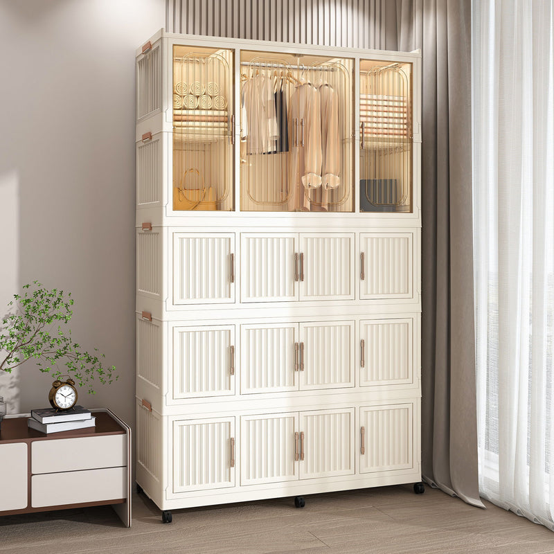Portable Wardrobe Closet Storage Organizer With Magnetic Doors, Polypropylene - Cream White