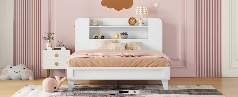 Full Size Platform Bed with Storage Headboard,Multiple Storage Shelves on Both Sides,White