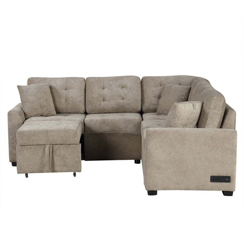 L-Shape Sofa Bed Pull-Out Sleeper Sofa With Wheels, USB Ports, Power Sockets For Living Room