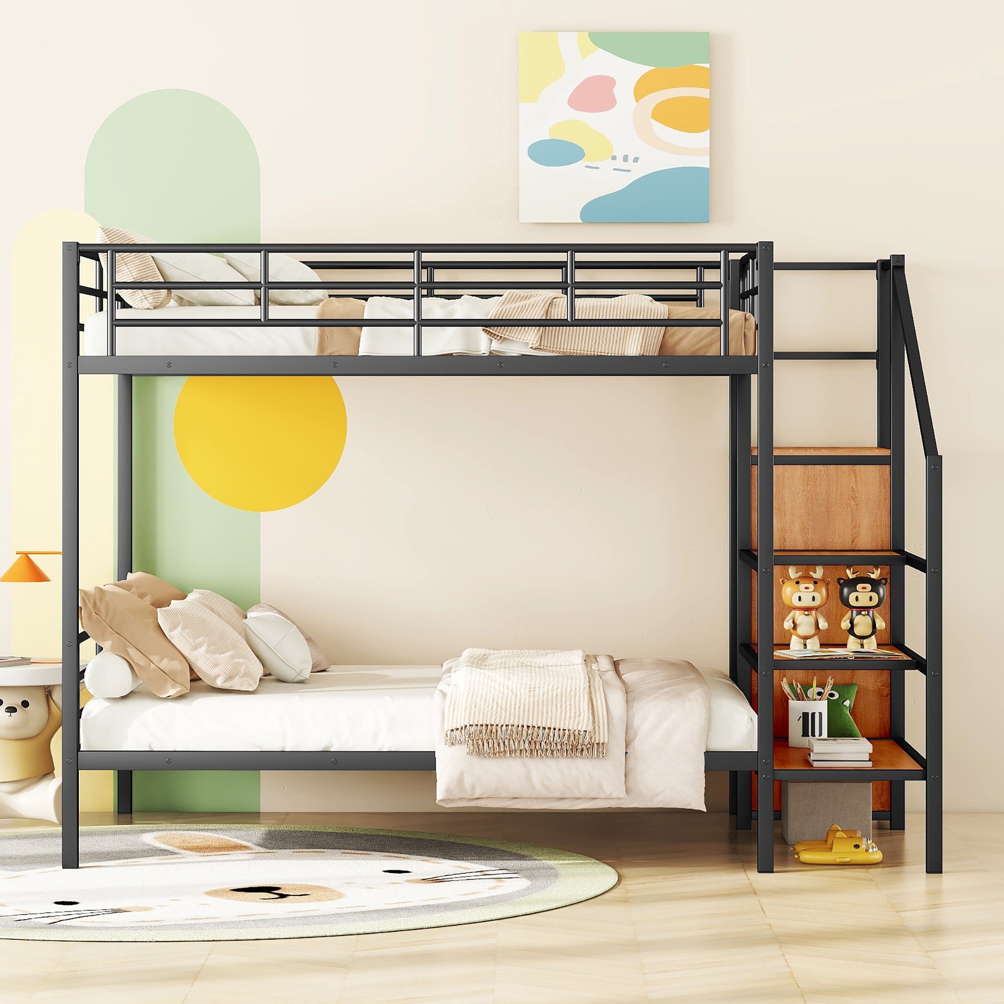 Full Over Full Metal Bunk Bed with Lateral Storage Ladder and Wardrobe, Black - Atlantic Fine Furniture Melbourne FL