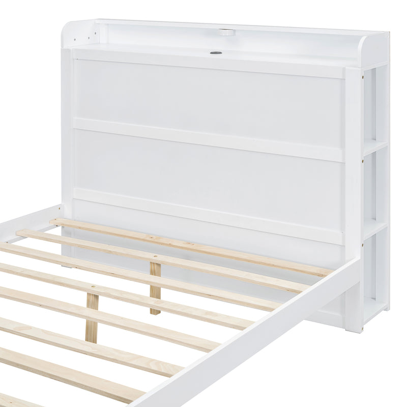 Full Size Platform Bed with built-in shelves, LED Light and USB ports, White