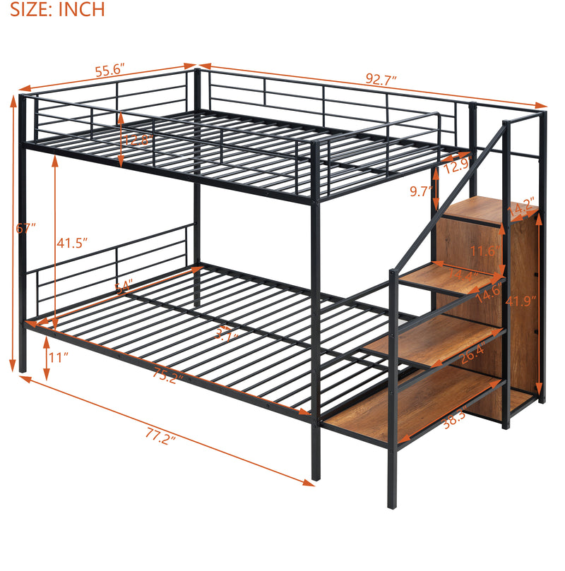Full Over Full Metal Bunk Bed with Lateral Storage Ladder and Wardrobe, Black