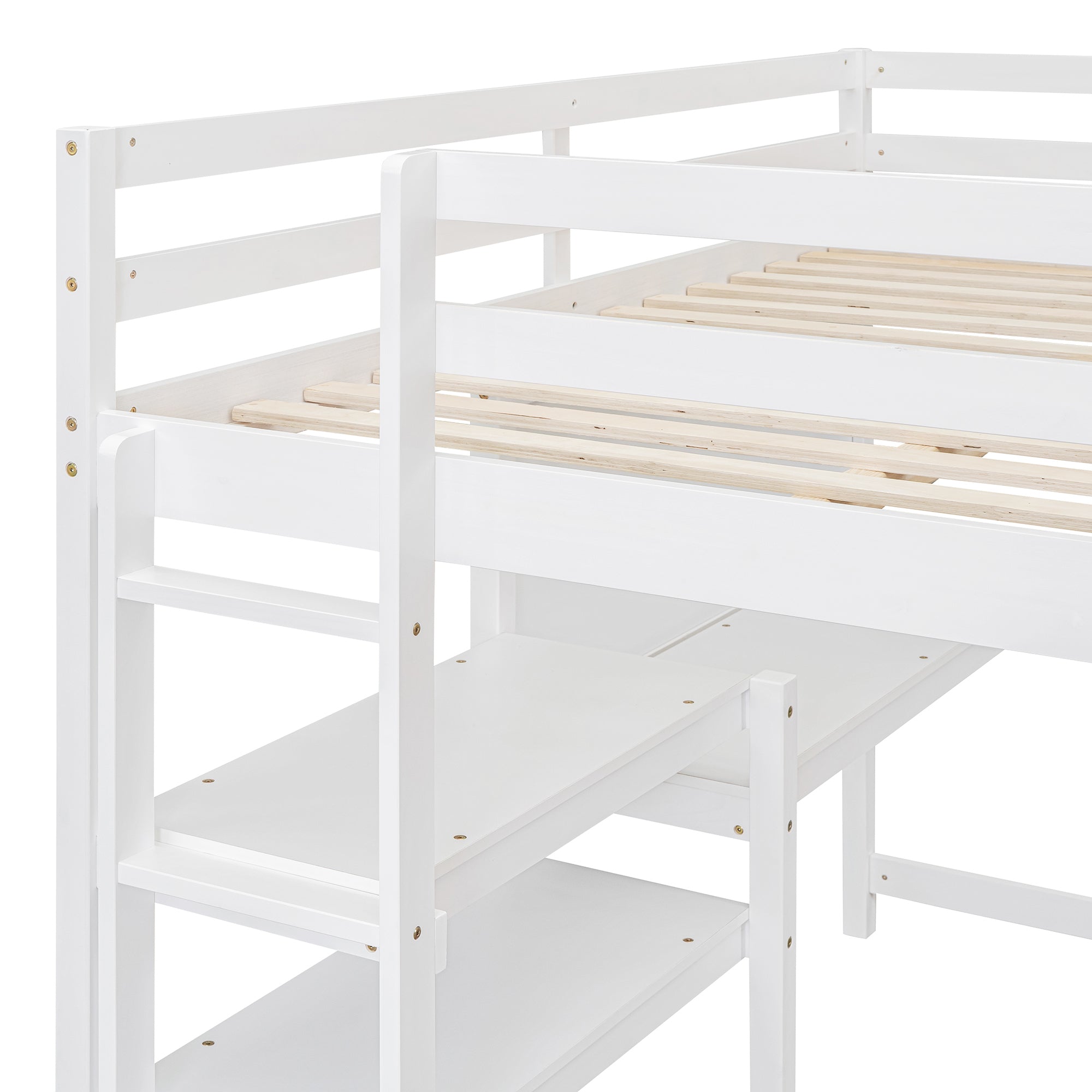 Full Size Wooden Loft Bed with Shelves, Desk and Writing Board - White