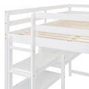 Full Size Wooden Loft Bed with Shelves, Desk and Writing Board - White