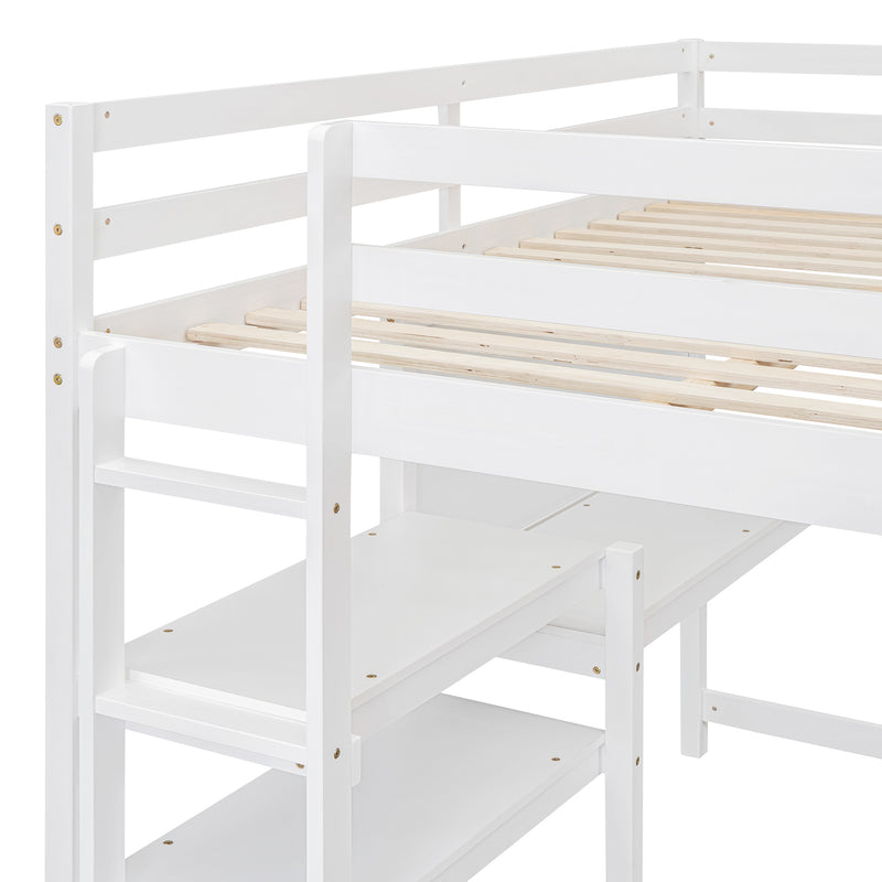 Full Size Wooden Loft Bed with Shelves, Desk and Writing Board - White