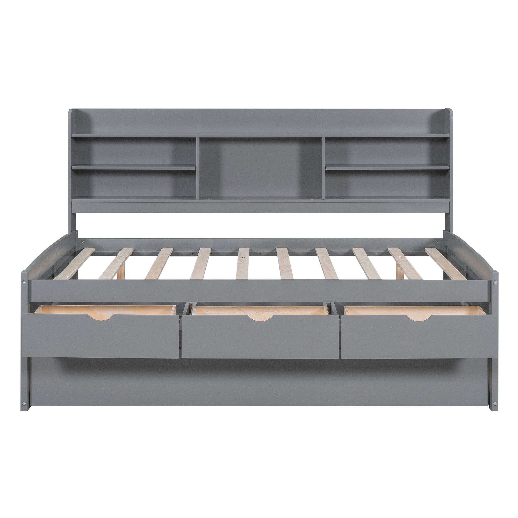 Full Size Wooden Captain Bed with Built-in Bookshelves,Three Storage Drawers and Trundle,Light Grey - Atlantic Fine Furniture Melbourne FL