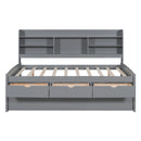Full Size Wooden Captain Bed with Built-in Bookshelves,Three Storage Drawers and Trundle,Light Grey