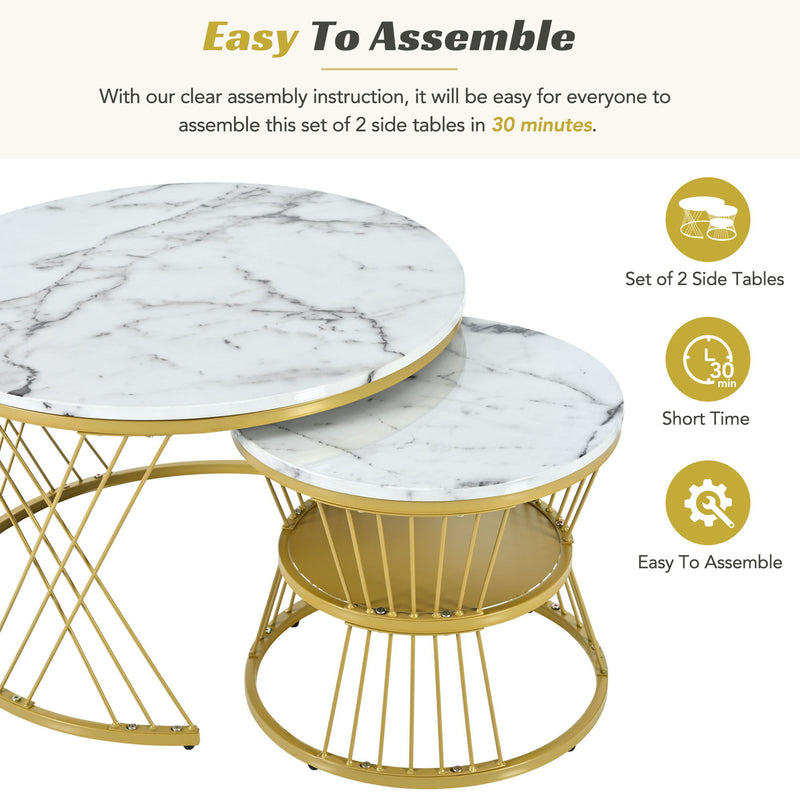 On Trend Nesting Coffee Table With Marble Grain Table Top, Golden Iron Frame Round Coffee Table, (Set of 2) For Living Room, Balcony, White