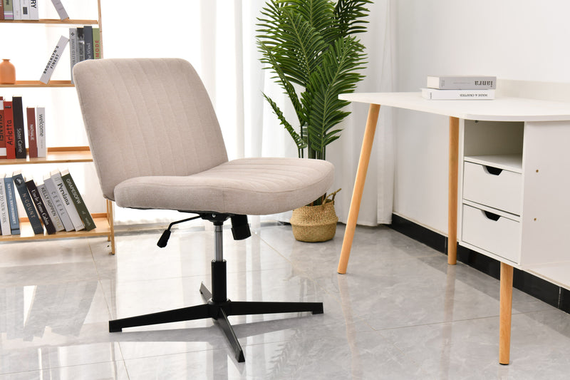 Cross Legged Office Chair, Wide Comfty Desk Chair, Vanity Home Chair No Wheels Armless Computer Task Chair, Swivel And Height Adjustable - Beige