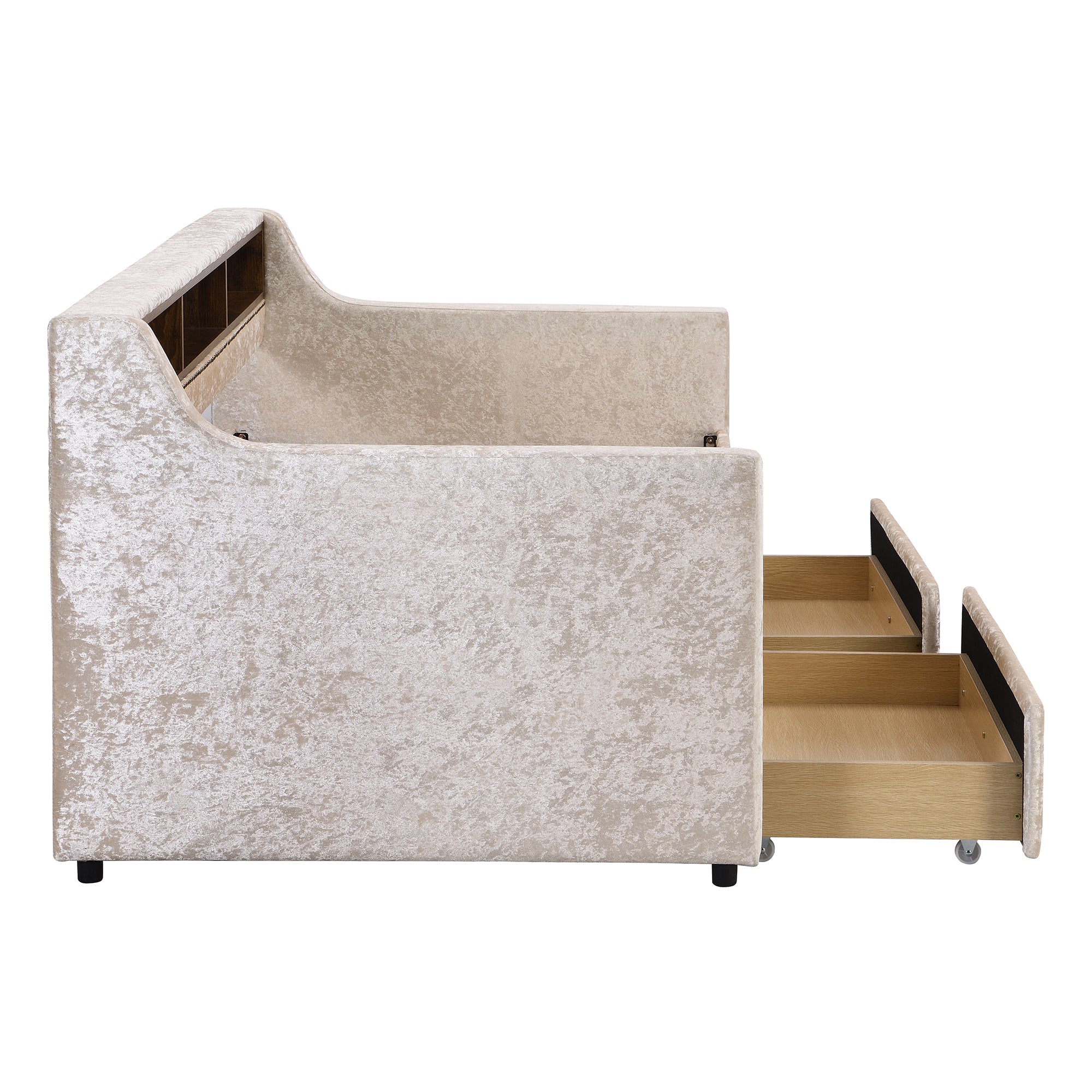 Twin Size Snowflake Velvet Daybed with Two Storage Drawers and Built-in Storage Shelves,Beige - Atlantic Fine Furniture Melbourne FL