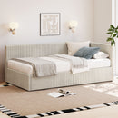 L-Shape Corner Bed, Corduroy Upholstered Daybed With 2 Storage Drawers And Vertical Striped Design