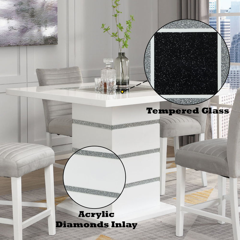 Elizaveta - Counter Height Table - Gray Velvet, Faux Crystal Diamonds &White High Gloss Finish