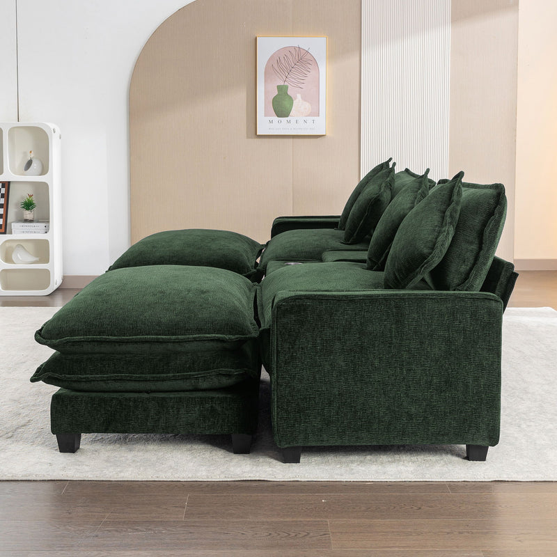 Sectional Sofa Chenille Upholstered Sofa With Two Removable Ottoman, Two USB Ports, Two Cup Holders And Large Storage Box For Living Room