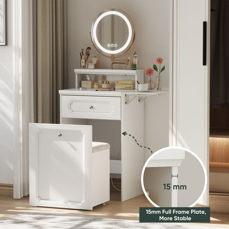 Makeup Vanity Desk With Round Mirror And Lights, 2 In 1 Nightstand, Dressing Table With A Chair - Antique White