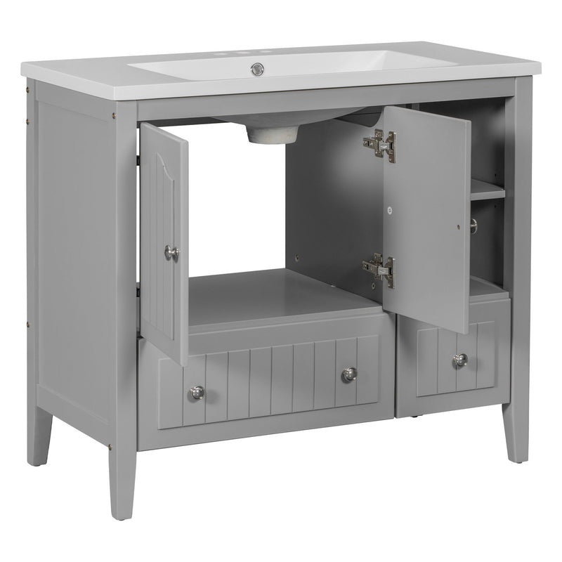 Bathroom Vanity With Ceramic Basin, Bathroom Storage Cabinet With Two Doors And Drawers, Solid Frame, Metal Handles