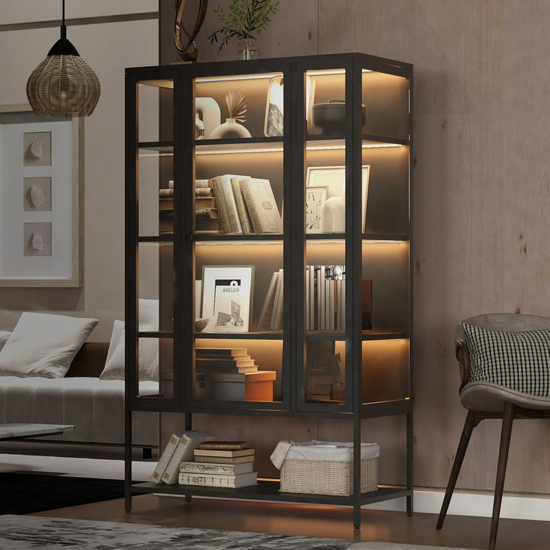 Modern Steel Display Cabinet With LED Lights And Glass Door For Home Or Workspace - Black