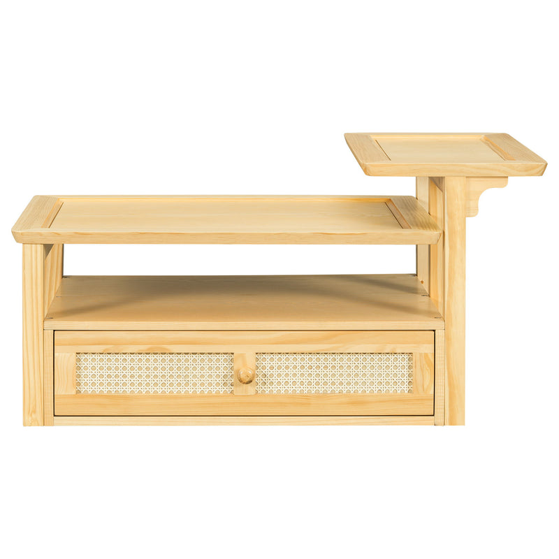 Coffee Table With 1 Storage Shelf, 2 Tabletops And 1 Rattan Drawer