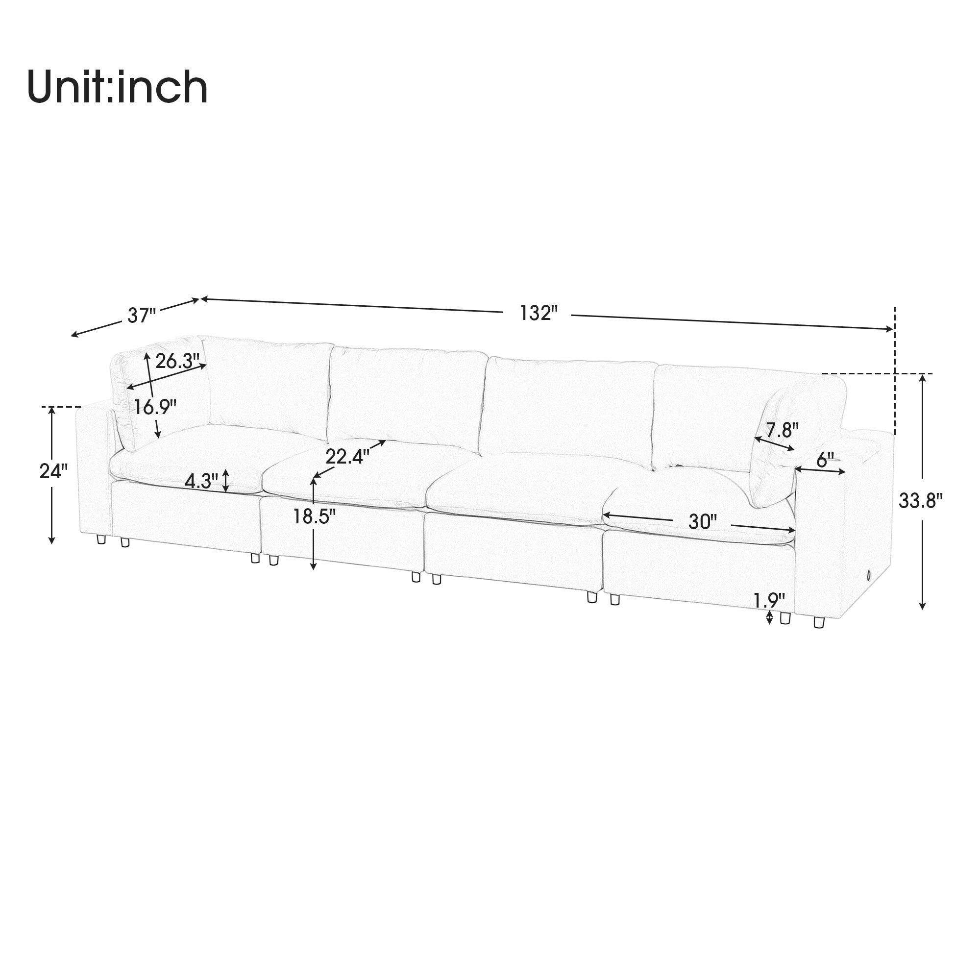U-style Upholstered Modular Sofa with USB Charge Ports,Wireless Charging and Built-in Bluetooth Speaker in Arm,Sectional sofa for Living Room Apartment(4-Seater)