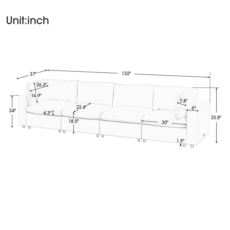 U-style Upholstered Modular Sofa with USB Charge Ports,Wireless Charging and Built-in Bluetooth Speaker in Arm,Sectional sofa for Living Room Apartment(4-Seater)