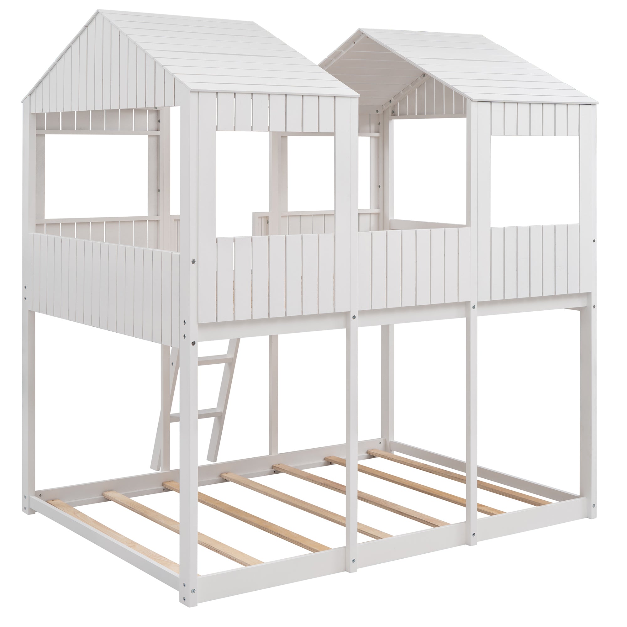 Full Over Full WoodBunk Bed with Roof, Window, Guardrail, Ladder(White)( old sku: LT000031AAK ) - Atlantic Fine Furniture Melbourne FL