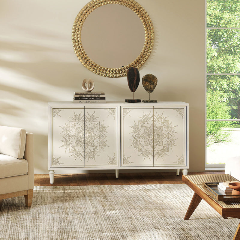 Mahal - Hand Painted Mandala Lacquered Sideboard - Ivory Off-White