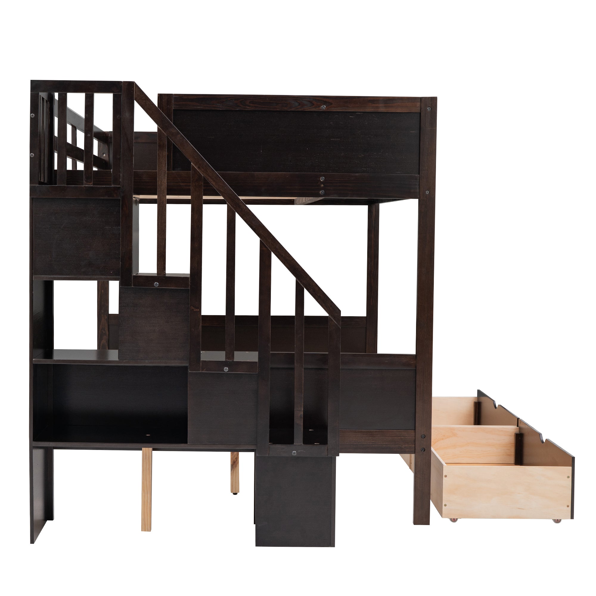 Twin over Full Bunk Bed with Shelfs, Storage Staircase and 2 Drawers, Espresso - Atlantic Fine Furniture Melbourne FL