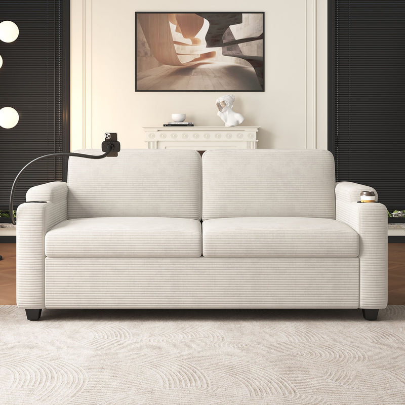 Corduroy Sleeper Sofa Loveseat Sofa With Full Size Mattress, 2 USB Ports, 2 Cup Holders, 2 Side Pockets And Phone Holder