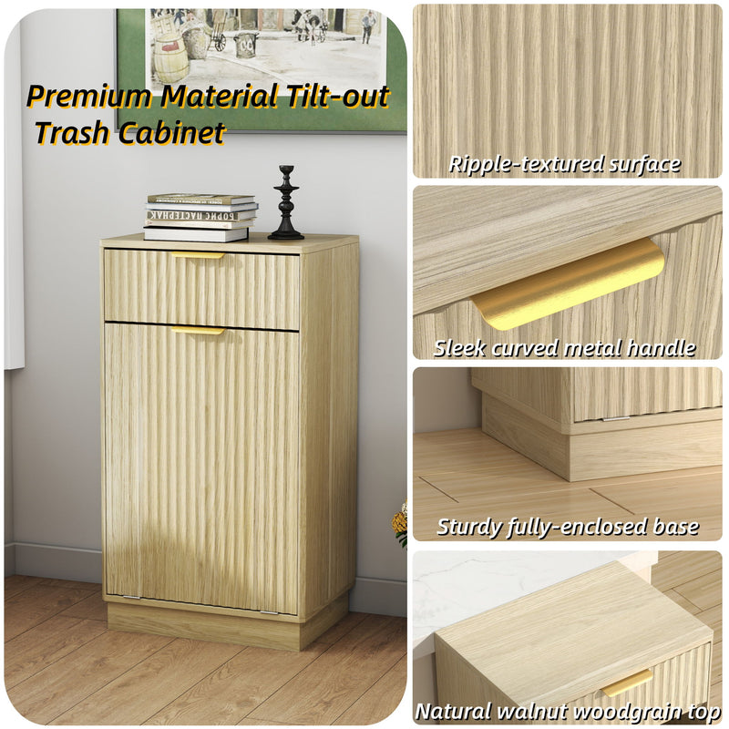 Tilt Out Trash Can Cabinet With Wave Textured Drawer & Pull Out Bin