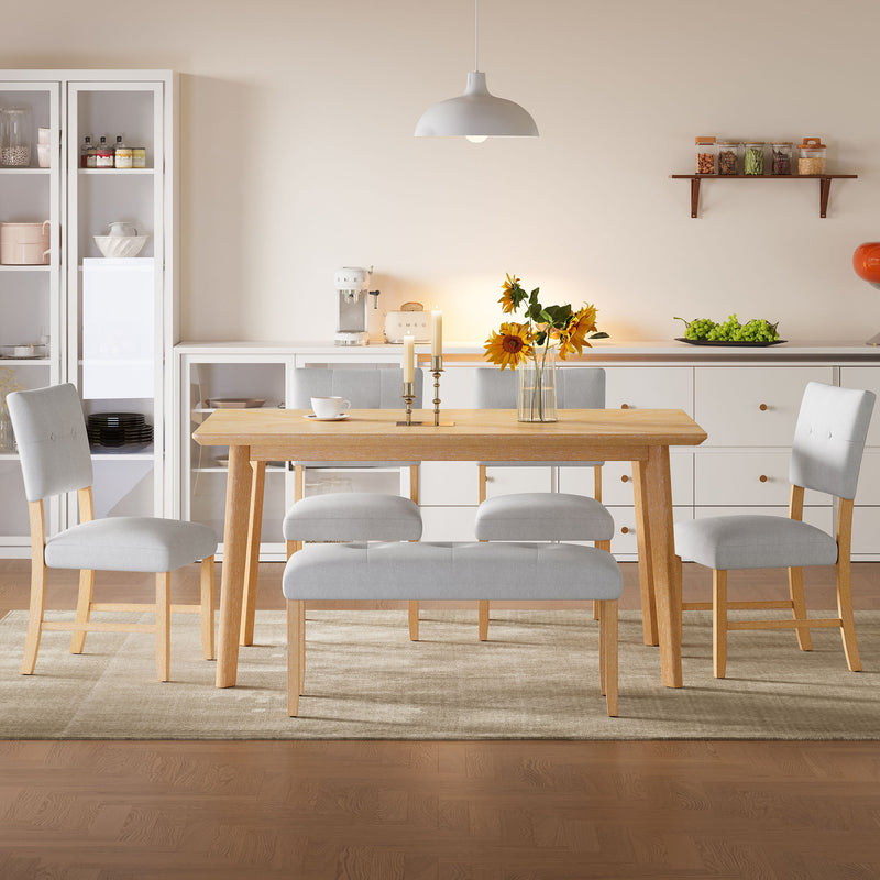 Rustic Farmhouse Dining Room Rectangular Table With 4 Upholstered Chairs And Bench